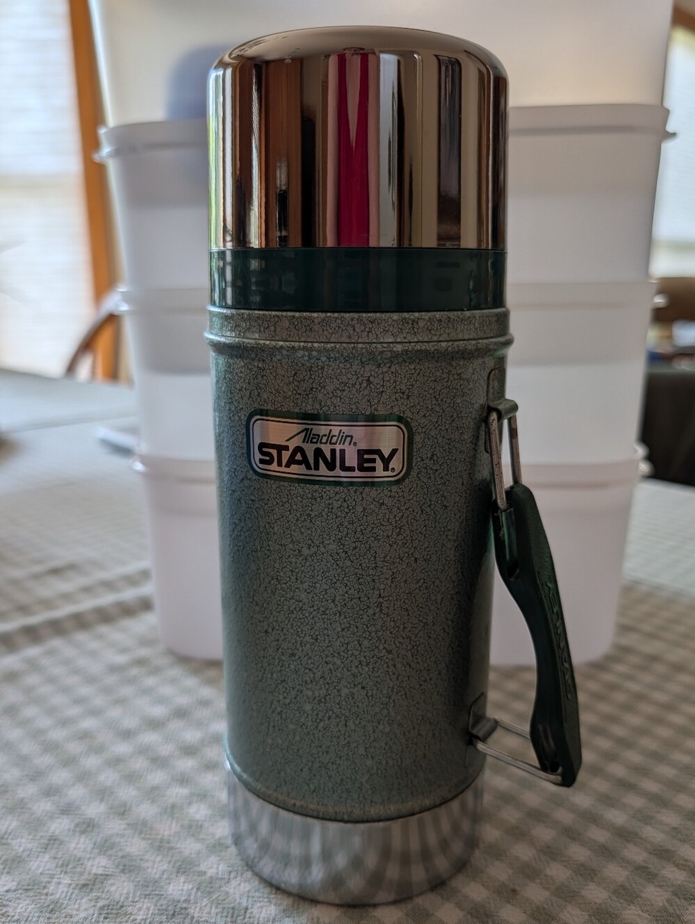 Vintage Stanley Aladdin Thermos Green Hammertone Finish Insulated W/Chrome Cup